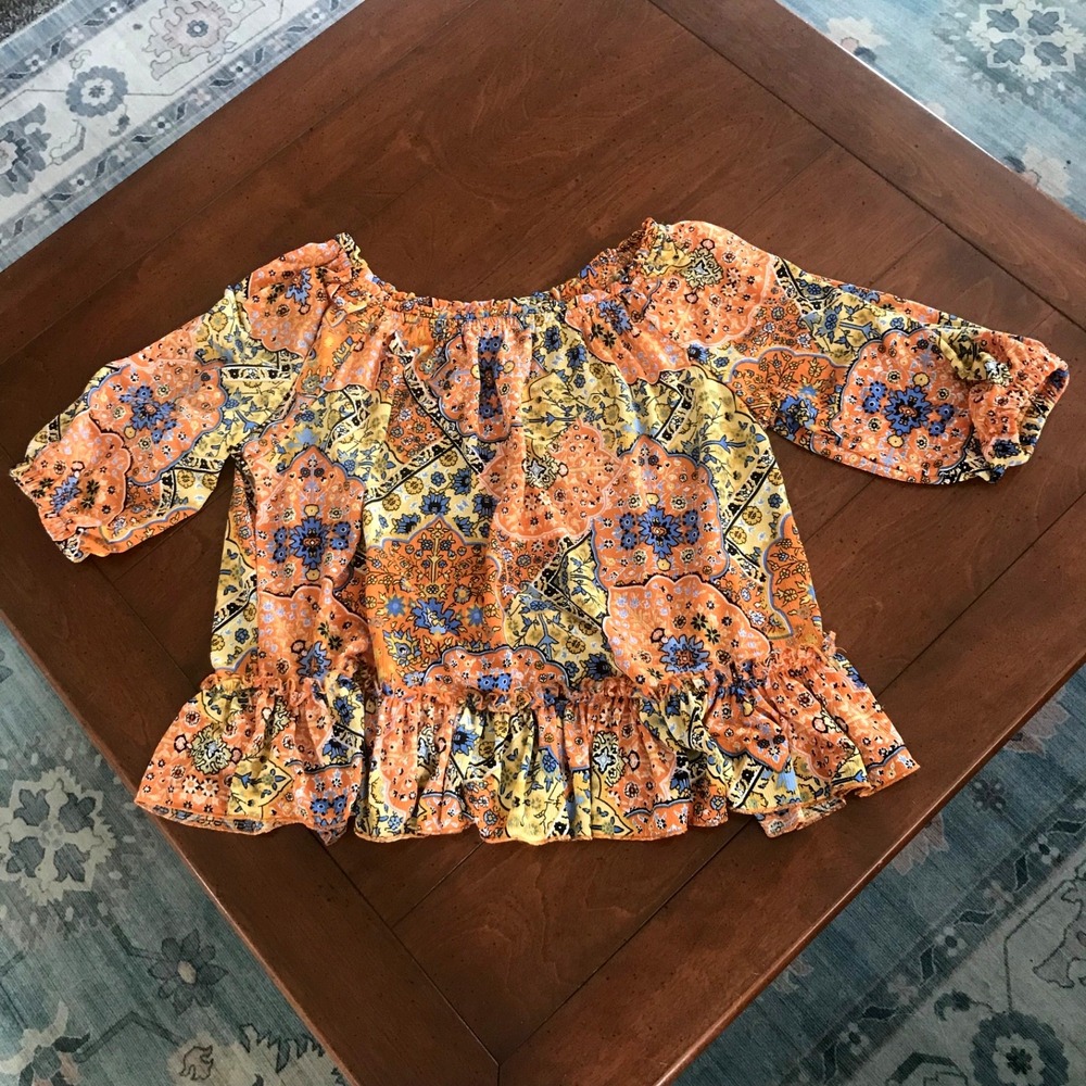 MELLODAY Orange Fall Floral Peasant Blouse Top With Ruffles Size‎ SMALL